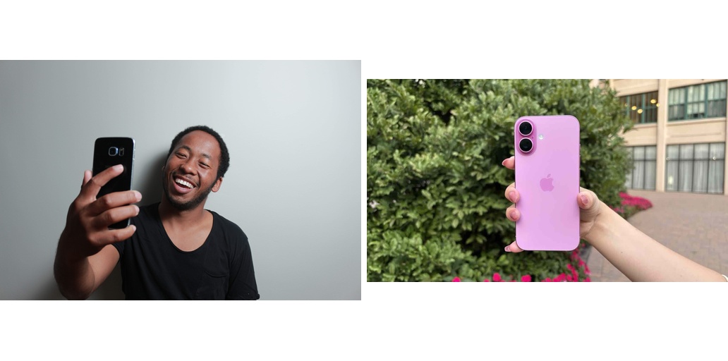 Person with a phone and a pink phone references