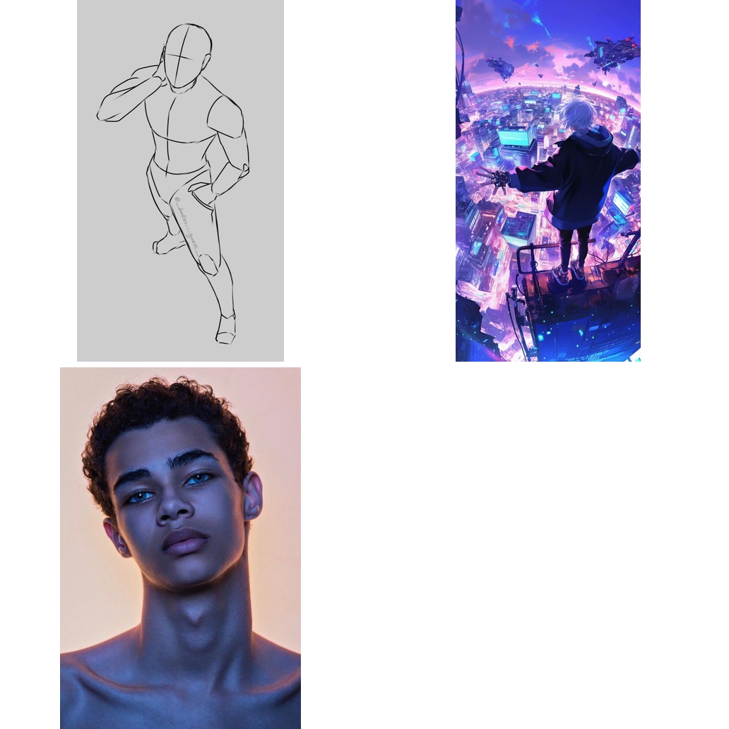 Pose sketch, portrait and city scene references