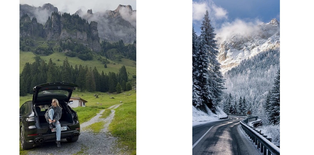 Car in a green valley and a snowy road references