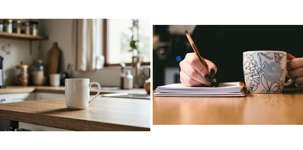 Kitchen counter and patterned mug references